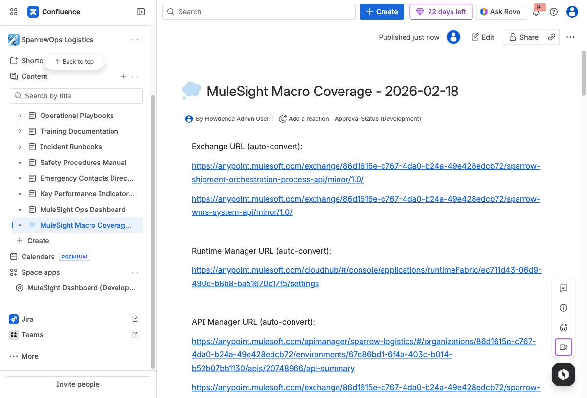 A published Confluence page titled MuleSight Macro Coverage showing Exchange, Runtime Manager, and API Manager URLs pasted for auto-conversion into MuleSight snapshot macros