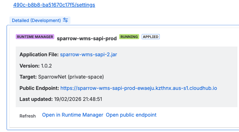 MuleSight Runtime Manager snapshot macro in Detailed mode showing a CloudHub application with RUNNING status, artifact version, deployment target, public endpoint URL, and last updated timestamp with action links to open in Runtime Manager