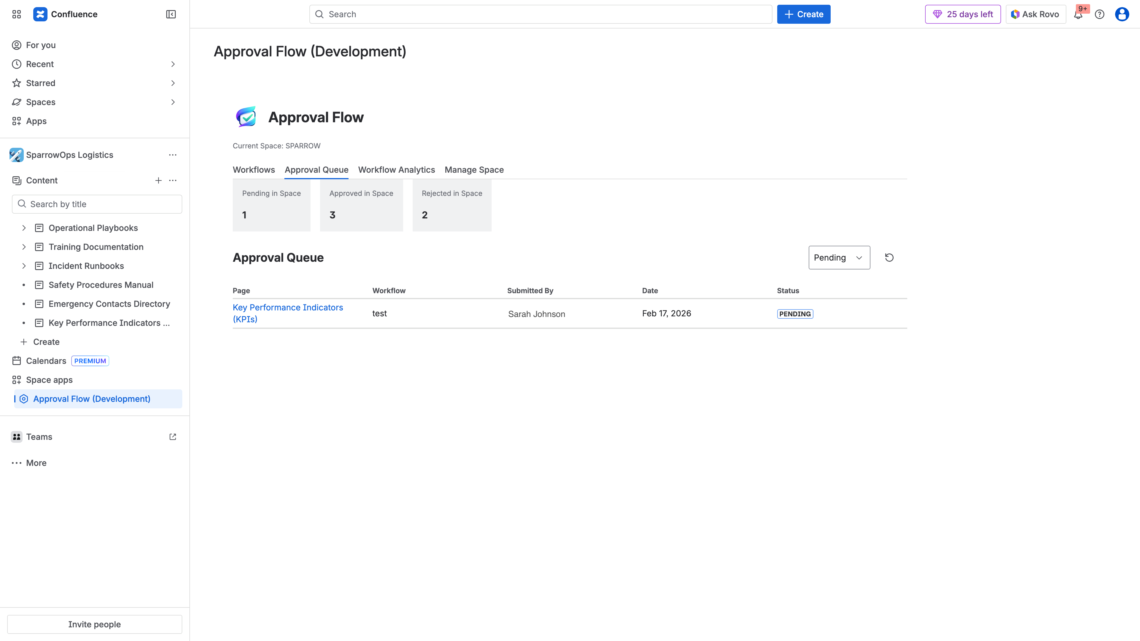 ApprovalFlow approval queue showing pending and completed approvals across all spaces with status indicators and timestamps
