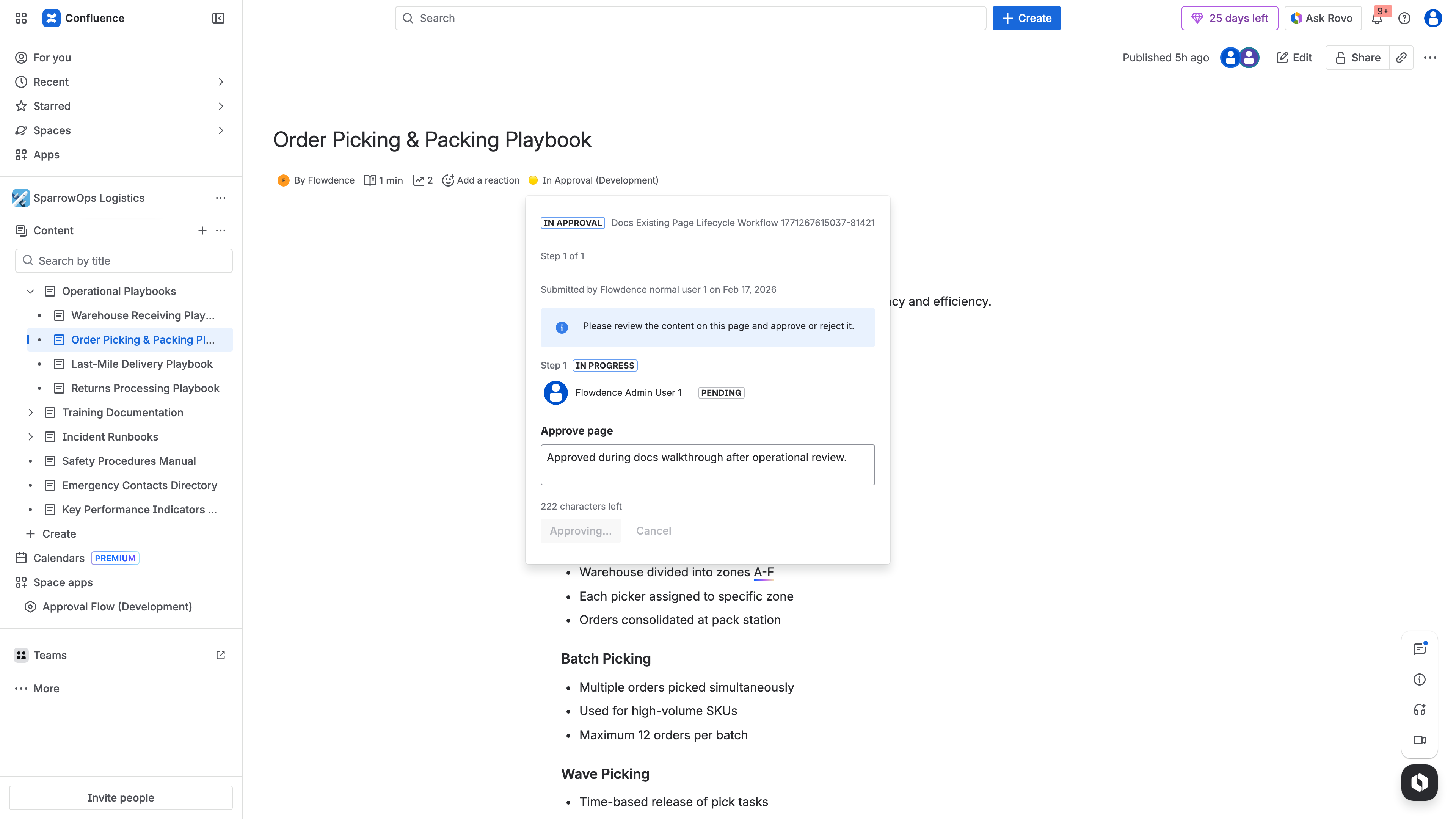 Confluence page showing ApprovalFlow approved status in the byline with approver name and timestamp