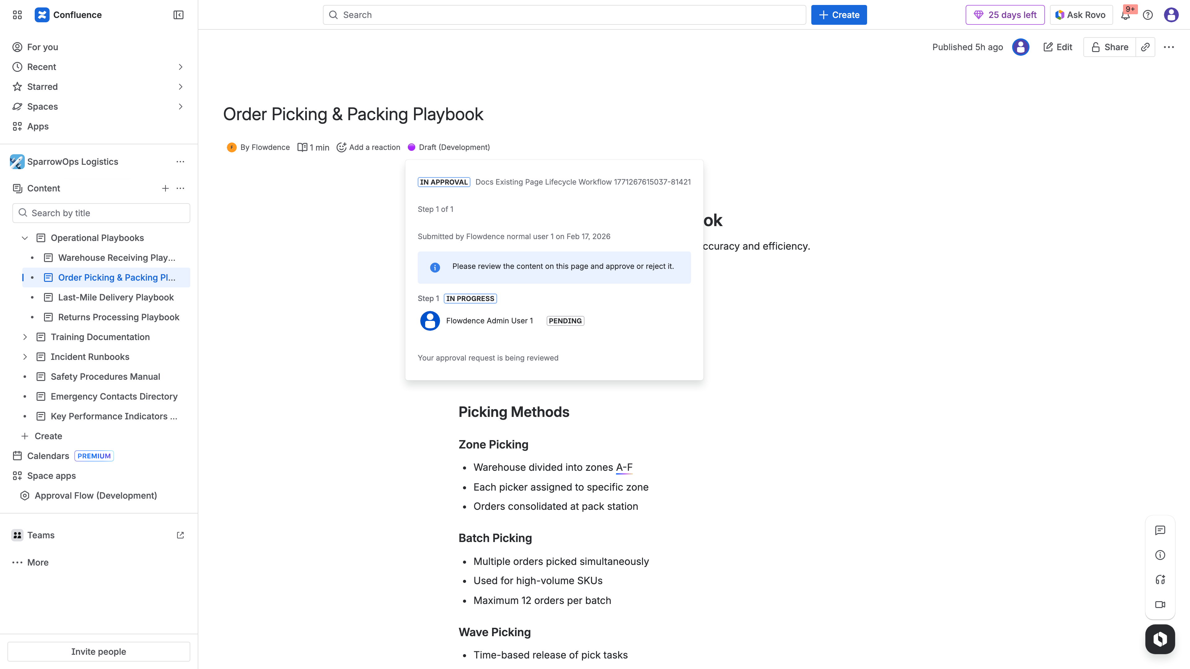 Confluence page showing ApprovalFlow in-approval status in the byline area with pending reviewer information