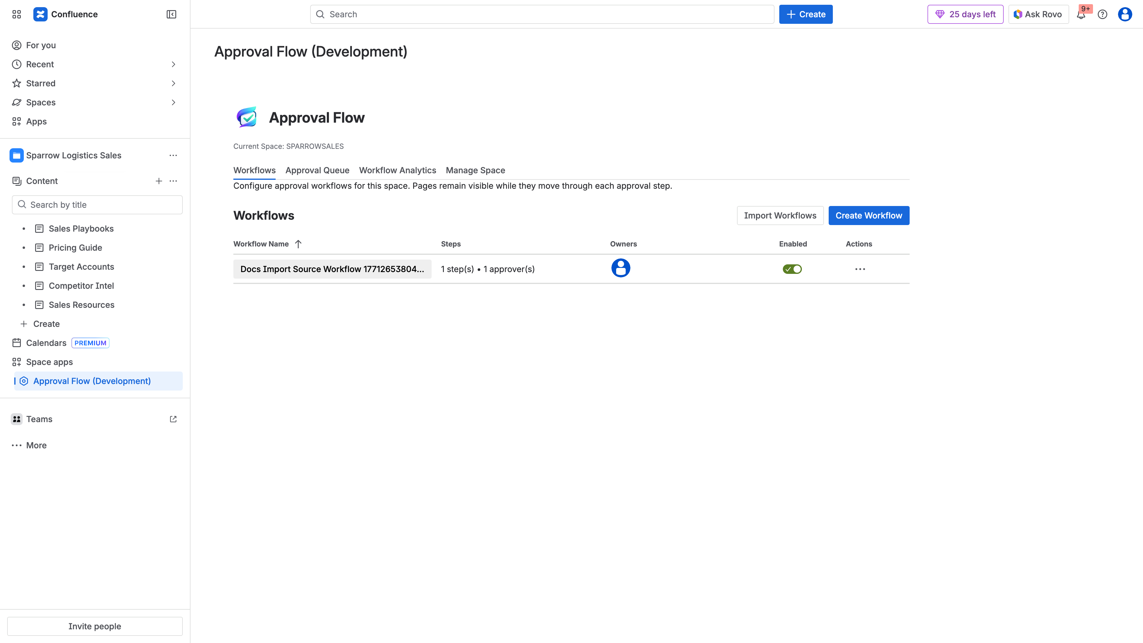ApprovalFlow workflows overview showing all configured approval workflows in a Confluence space with status toggles and action menus