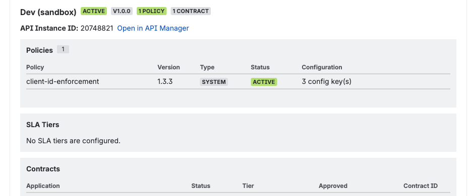 MuleSight API security posture modal showing policy comparison across MuleSoft environments with enforcement status and tier details