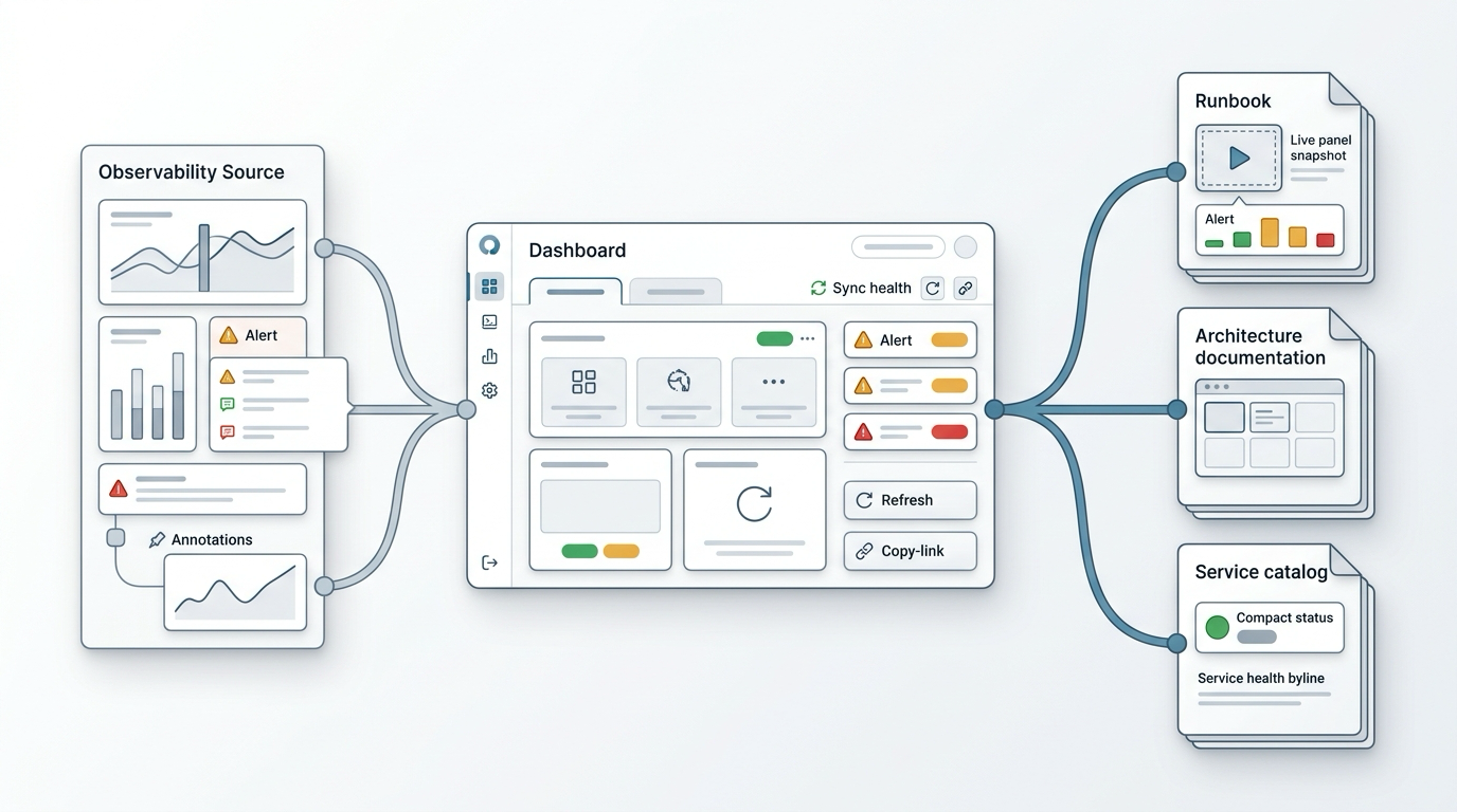 GrafanaSight workflow showing observability source data flowing into the Space Dashboard and then into Confluence runbooks, architecture documentation, and service catalog pages