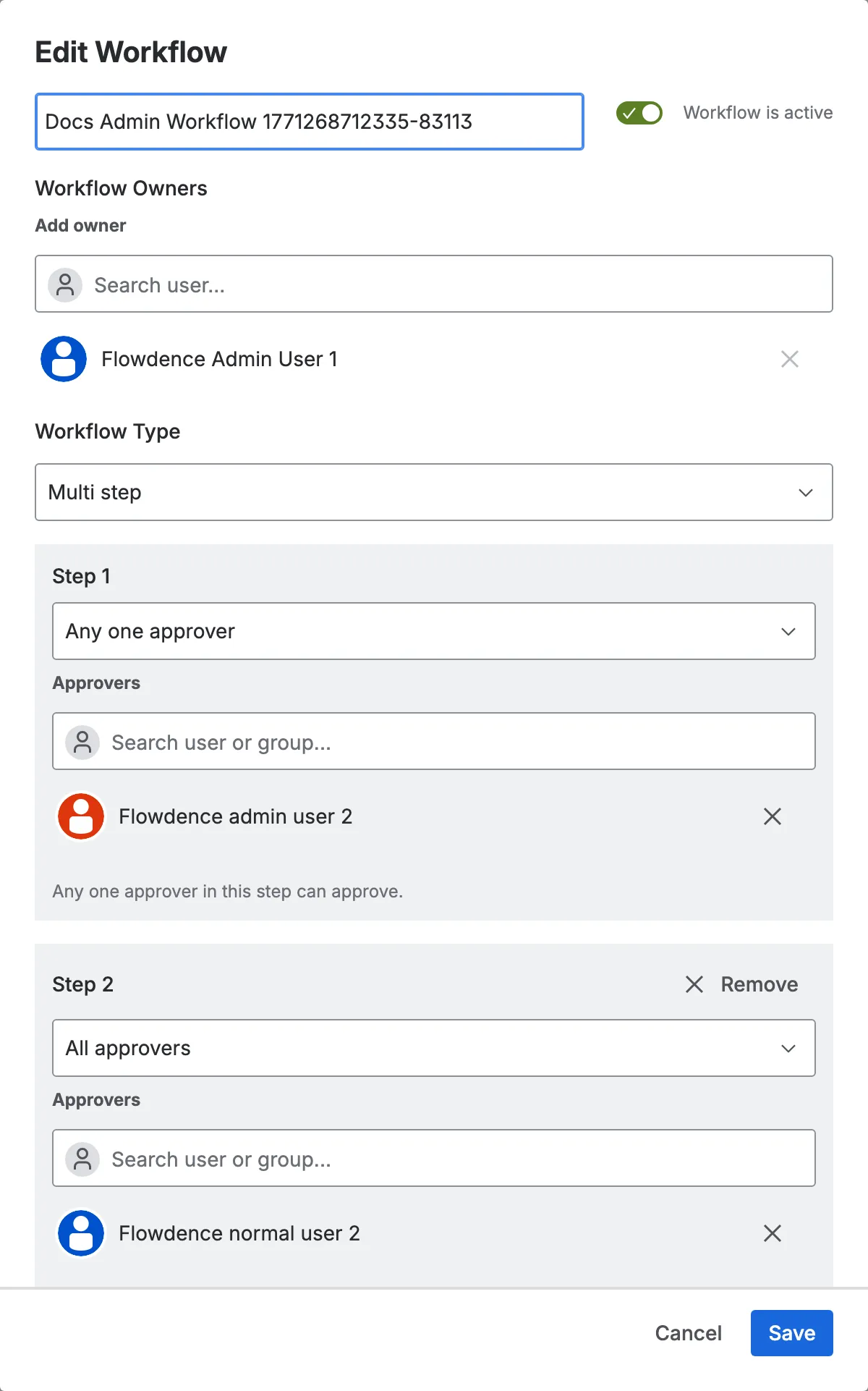 Edit workflow modal