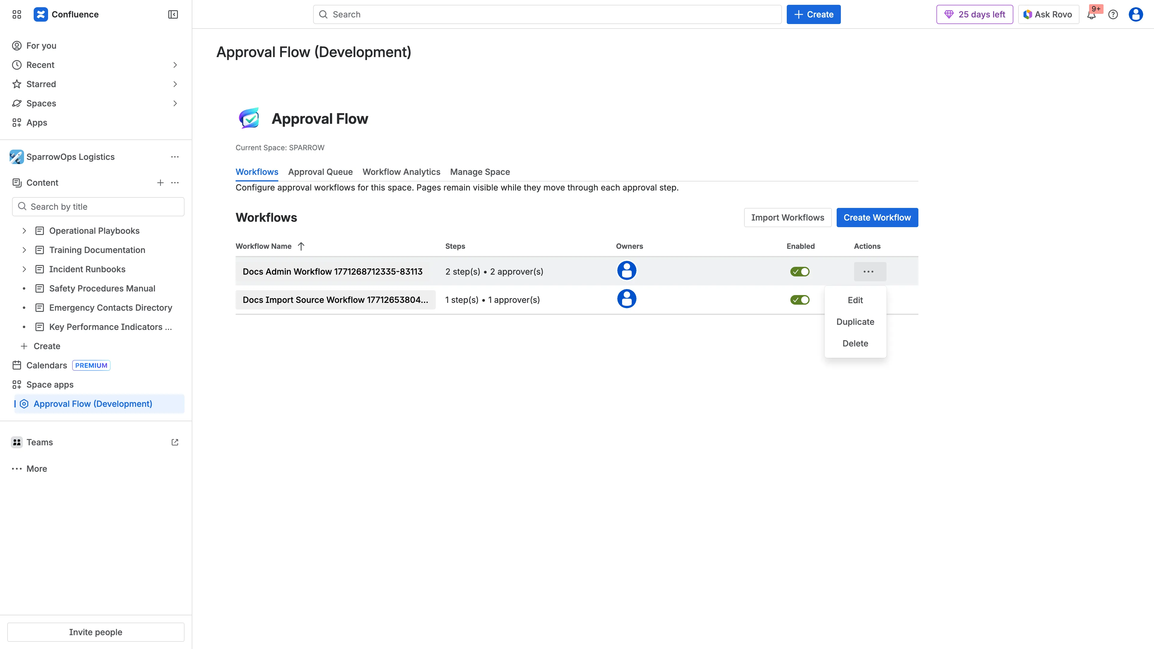 Workflow actions menu