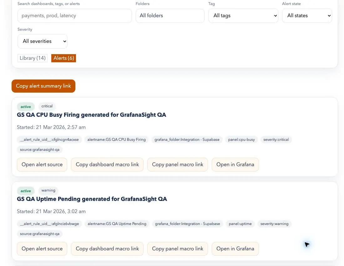 GrafanaSight alert cards and copy-link actions
