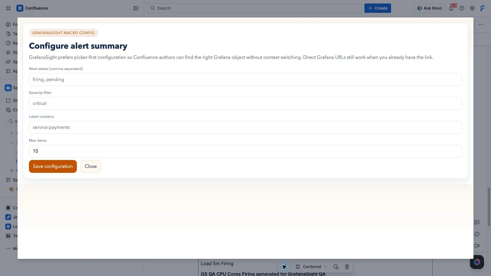 Alert summary macro configuration