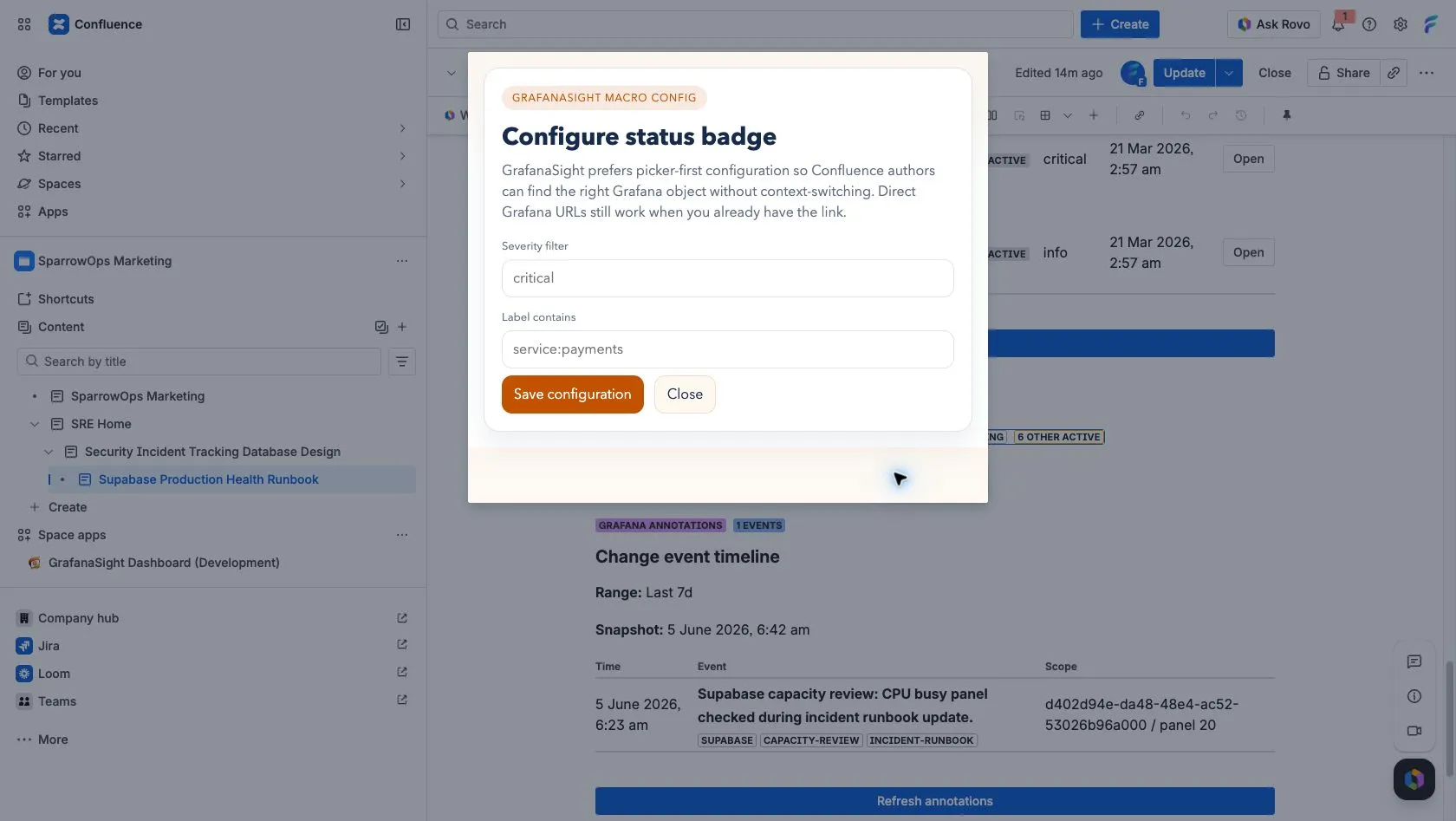Status badge macro configuration