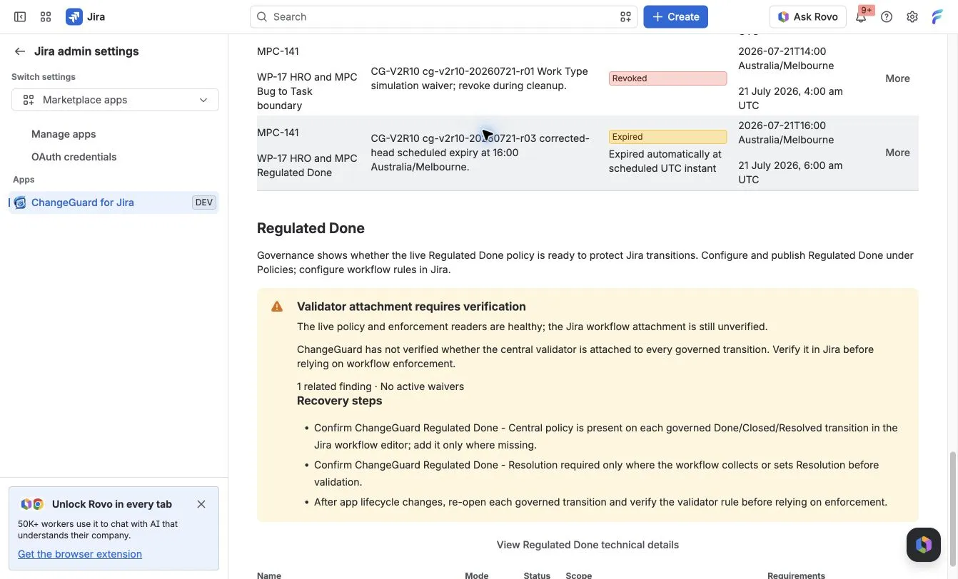 ChangeGuard Governance showing readiness and findings