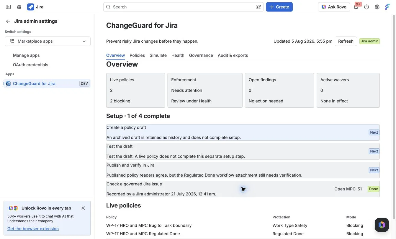 ChangeGuard Overview showing setup and enforcement health