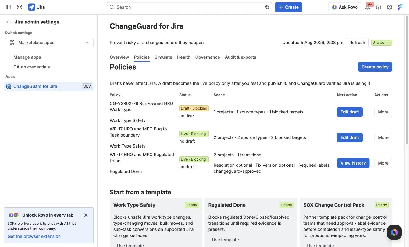ChangeGuard Policies showing Candidate and Active revisions