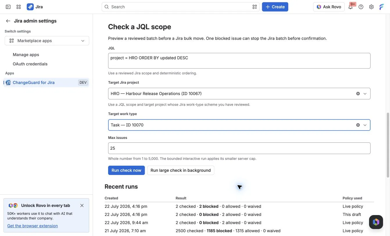 ChangeGuard Simulate showing recovered work-type selections