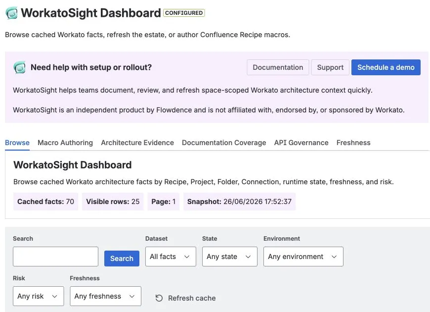 WorkatoSight Browse tab with cached facts and filters