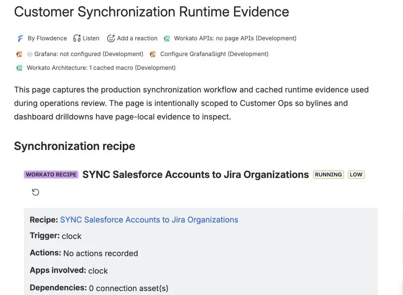Runtime Evidence macro with cached Workato Job rows