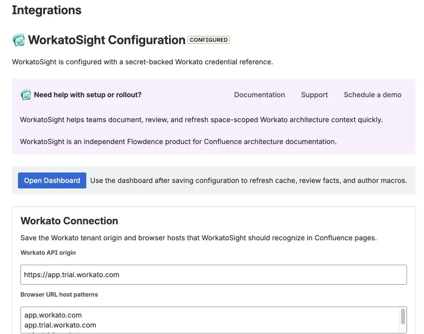 Configured WorkatoSight settings with dashboard navigation