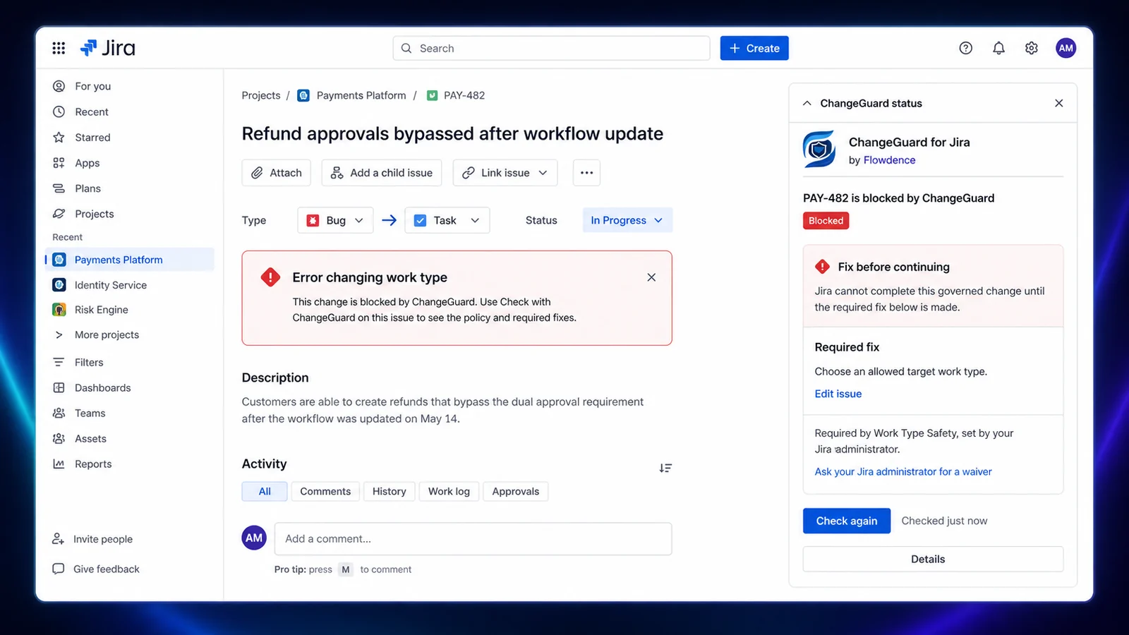 Jira issue-view product mock showing PAY-482 blocked by ChangeGuard with the required fix, recheck action, and waiver guidance